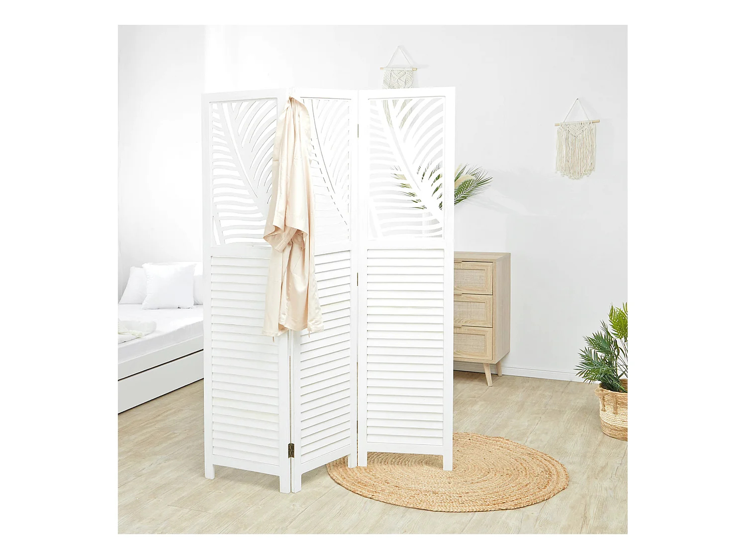 Paravent 3 volets en bois blanc, séparateur de pièce 170x120x2,2 cm