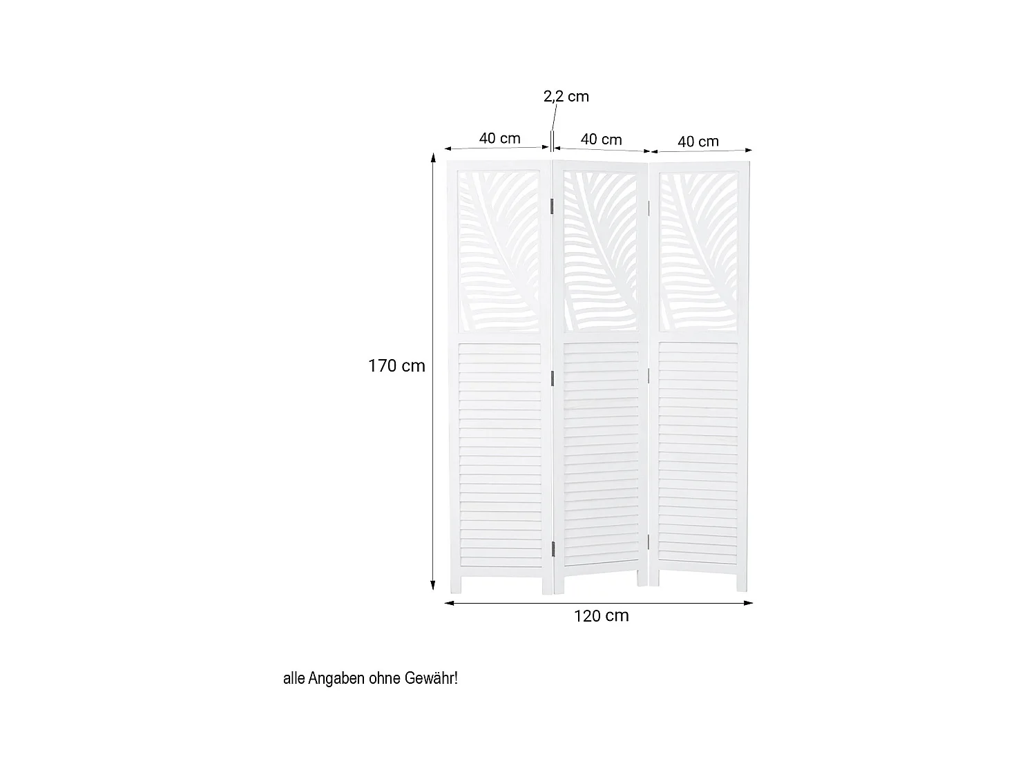 Paravent 3 volets en bois blanc, séparateur de pièce 170x120x2,2 cm