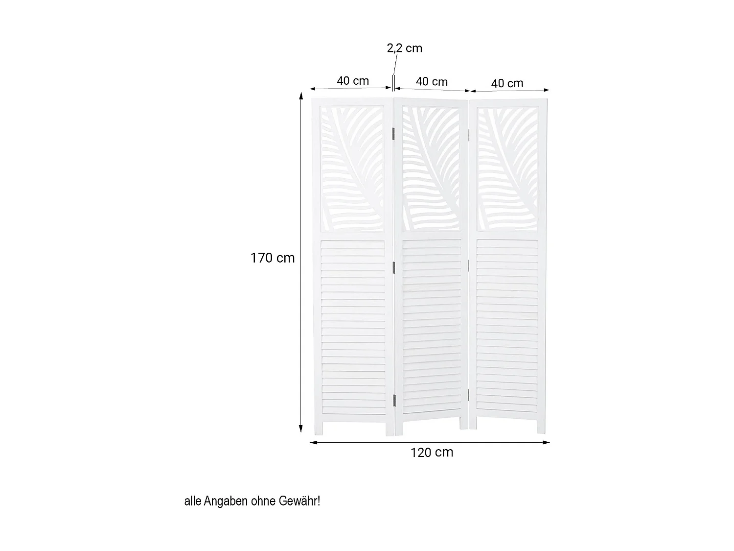 Kamerscherm 170x120x2,2 cm wit 3-voudig houten paravent