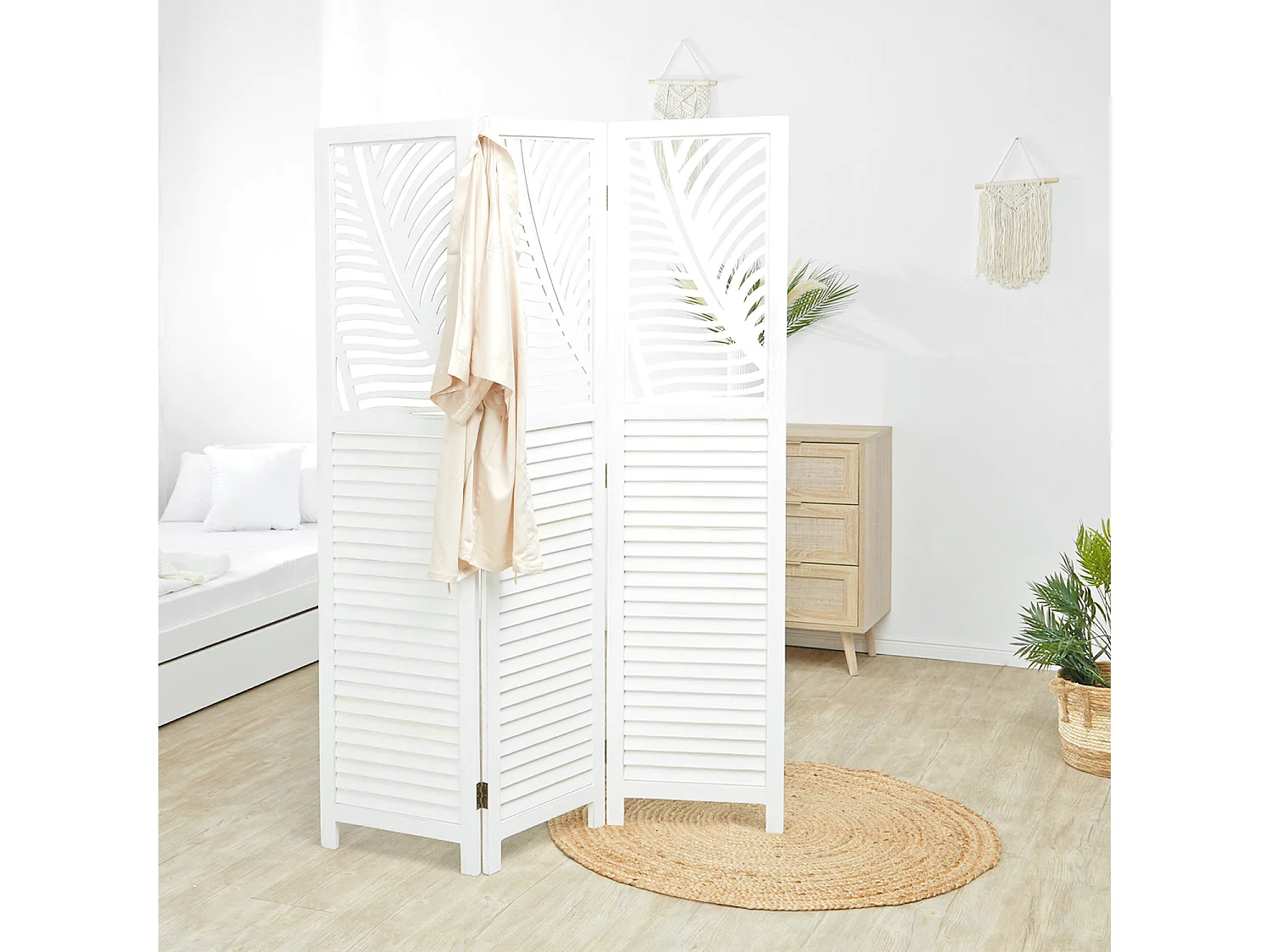 Paravent 3 volets en bois blanc, séparateur de pièce 170x120x2,2 cm