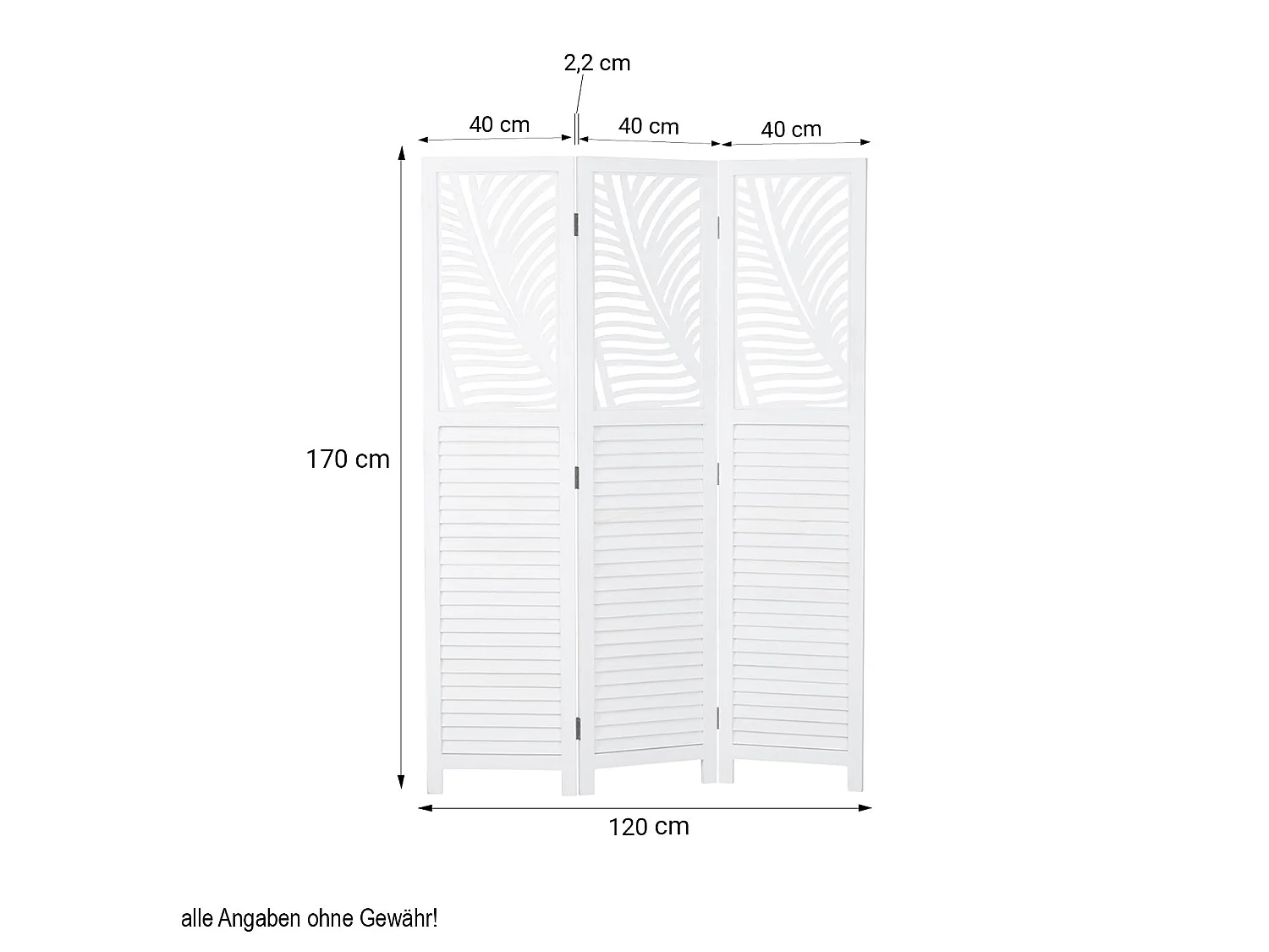 Paravent 3 volets en bois blanc, séparateur de pièce 170x120x2,2 cm