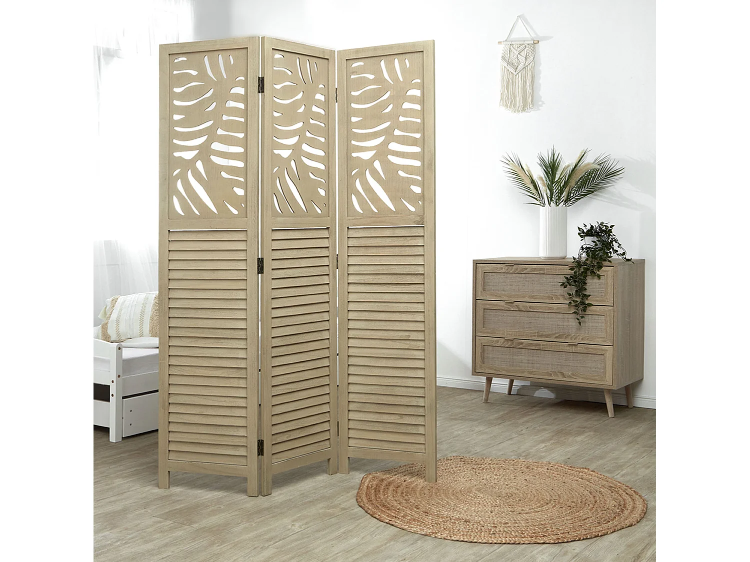 Separador de ambiente 120x170x2.2 cm beige Paraván 3 paneles plegable pantalla de madera