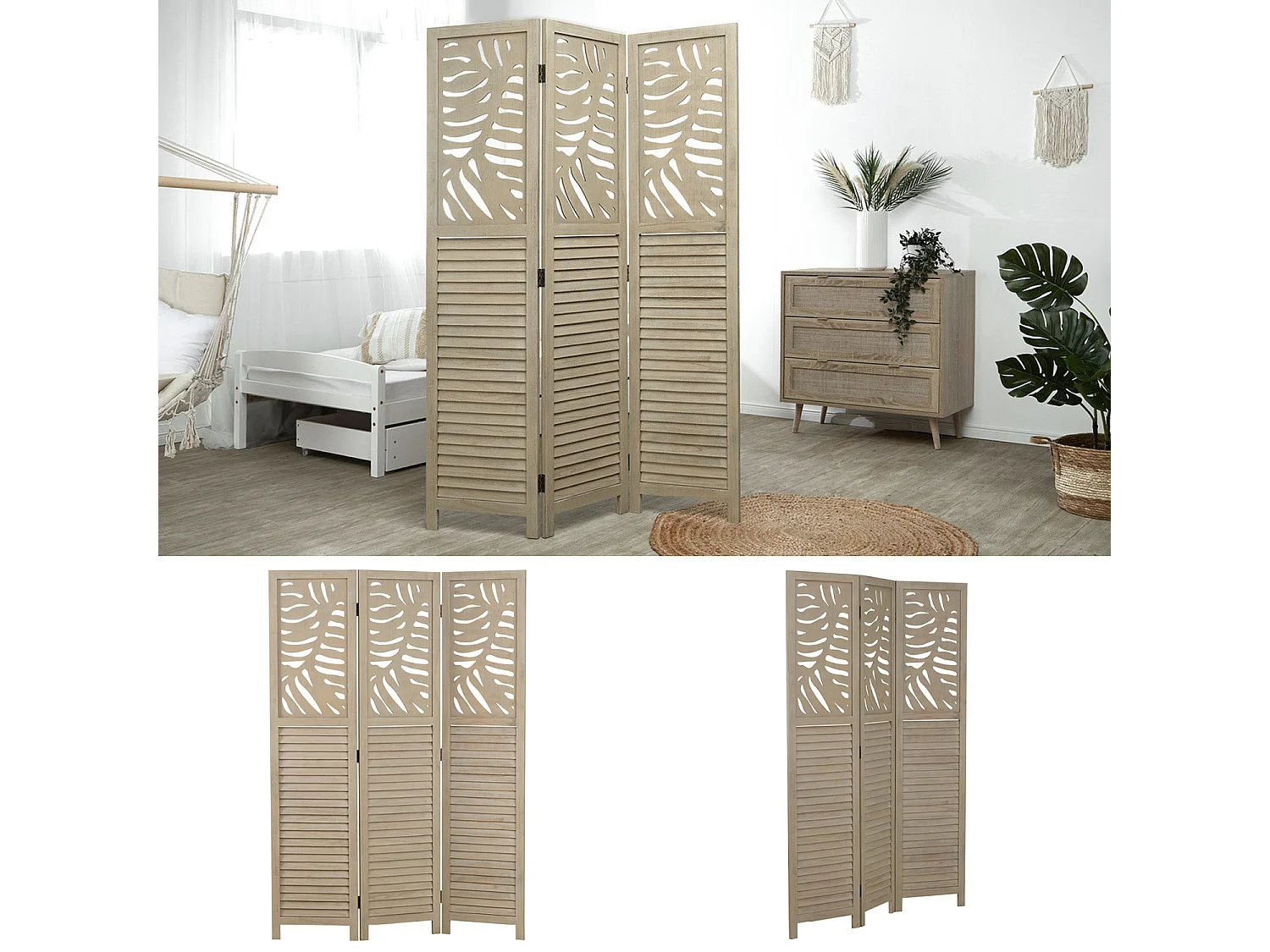 Separador de ambiente 120x170x2.2 cm beige Paraván 3 paneles plegable pantalla de madera