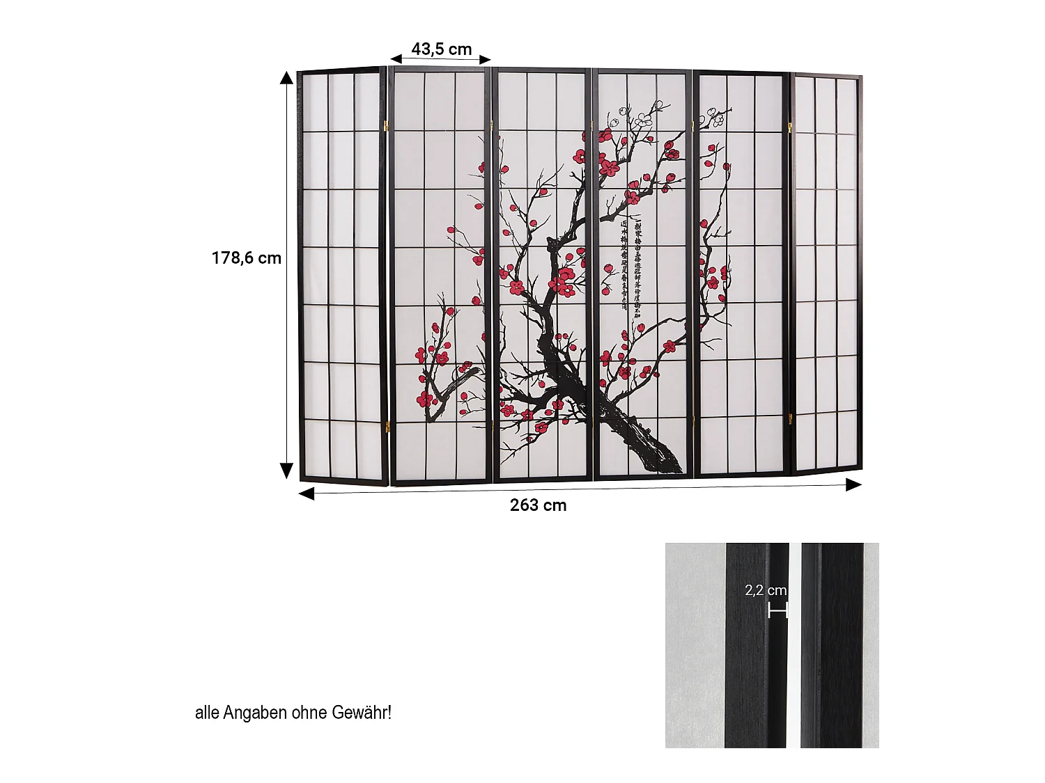 Paravent 179x264x2 cm noir Shoji