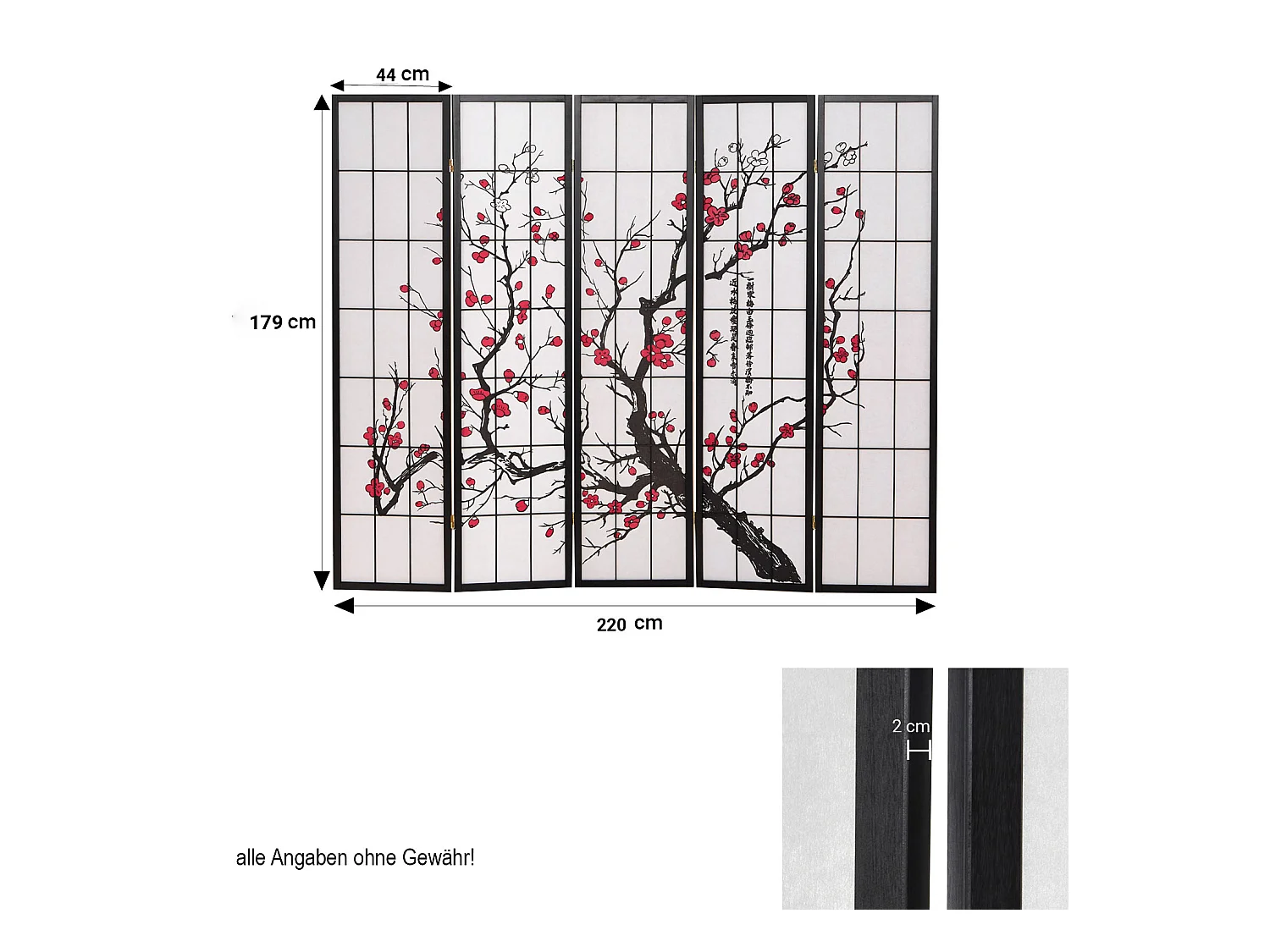 Paravent 220x179x2 cm noir Shoji
