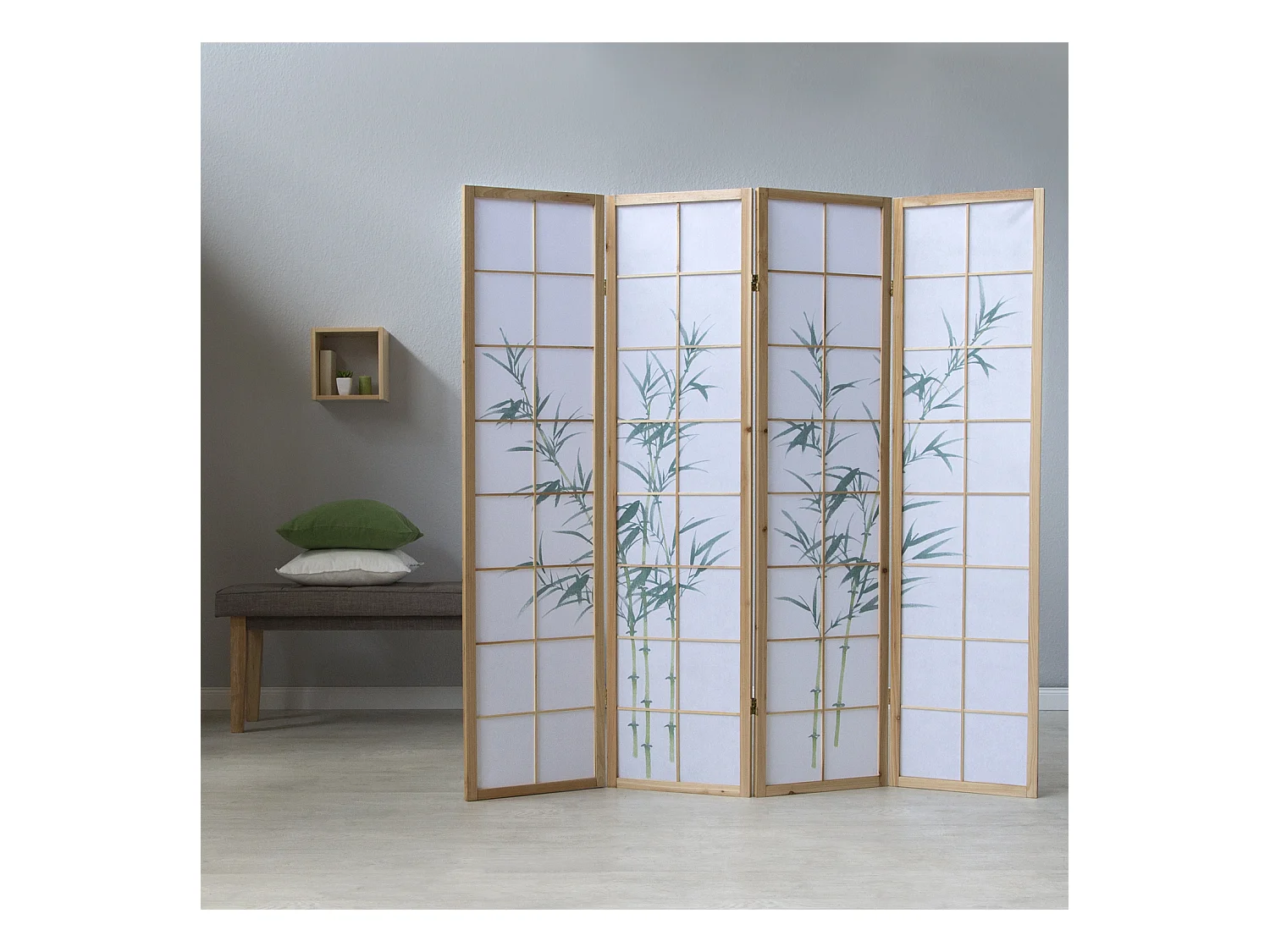 Paravent 176x2,2x175 cm bois blanc motif bambou