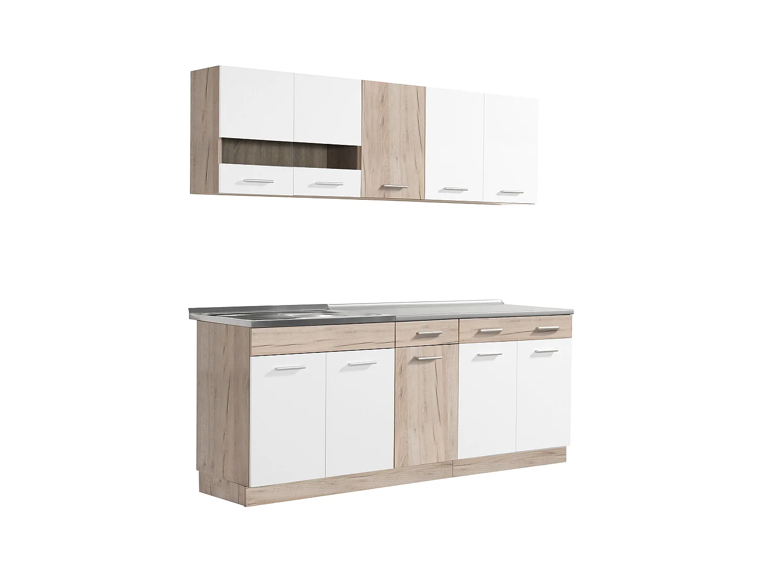 Unité de cuisine 200x84x60 cm aspect bois chêne blanc et gris