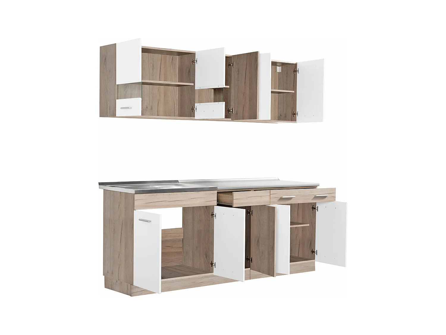 Unité de cuisine 200x84x60 cm aspect bois chêne blanc et gris