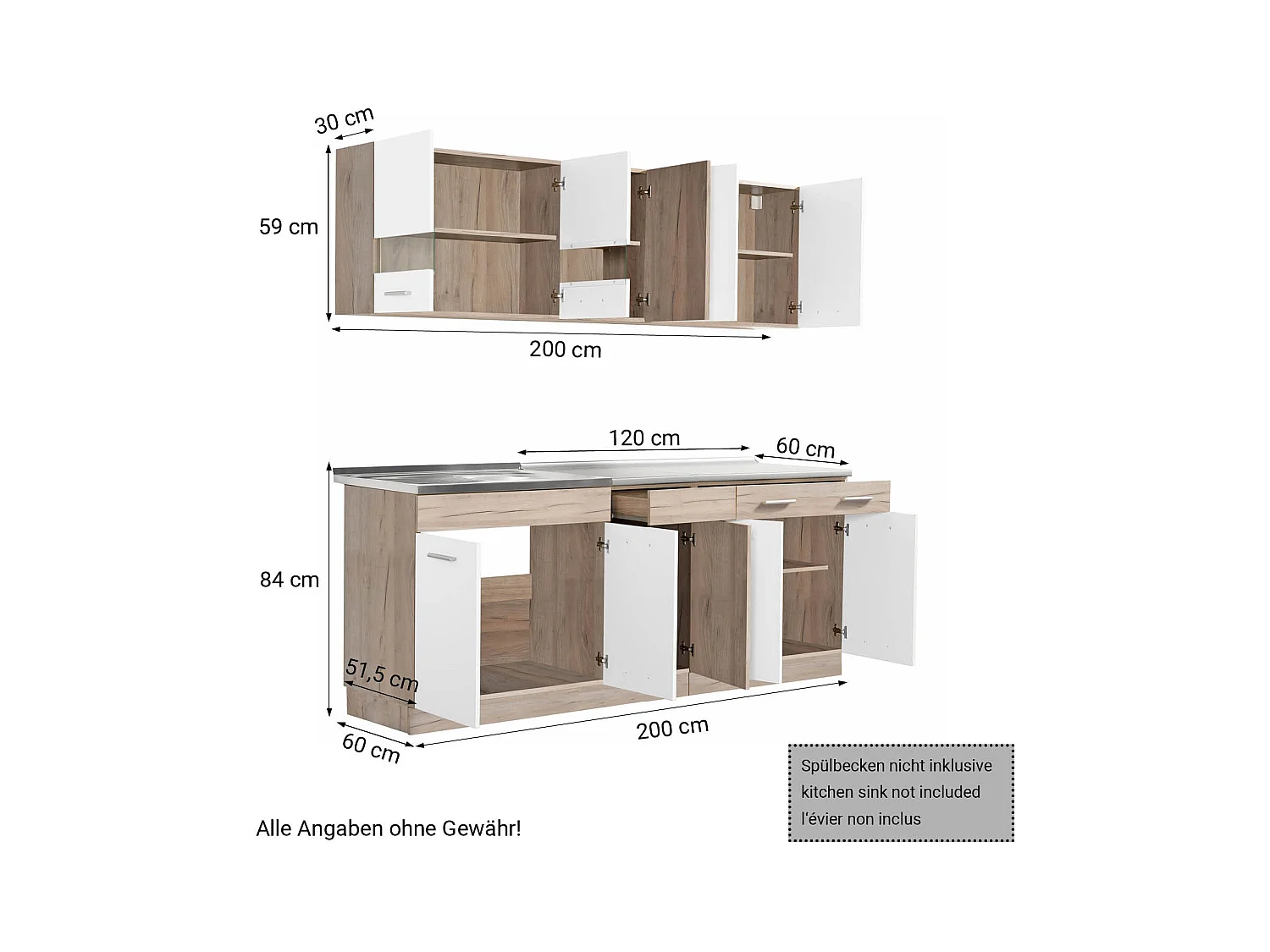 Unité de cuisine 200x84x60 cm aspect bois chêne blanc et gris