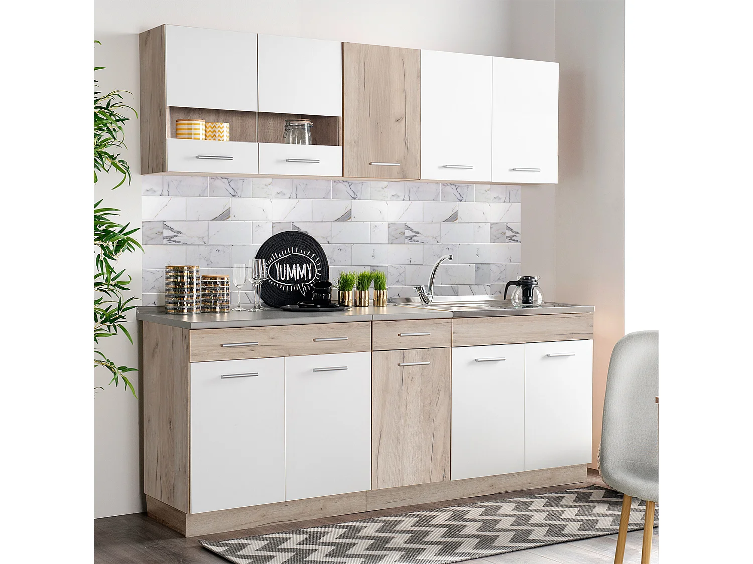 Küchenschrank 200x84x60 cm, weiß und graue Eichenholzoptik