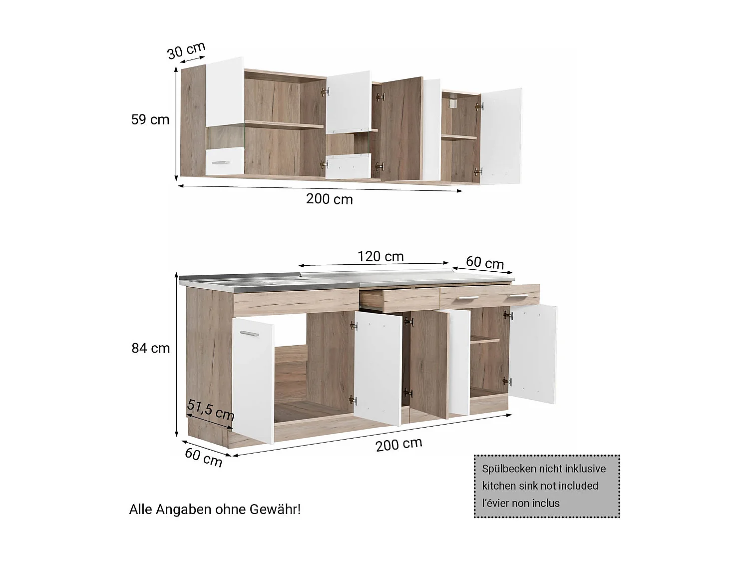 Küchenschrank 200x84x60 cm, weiß und graue Eichenholzoptik