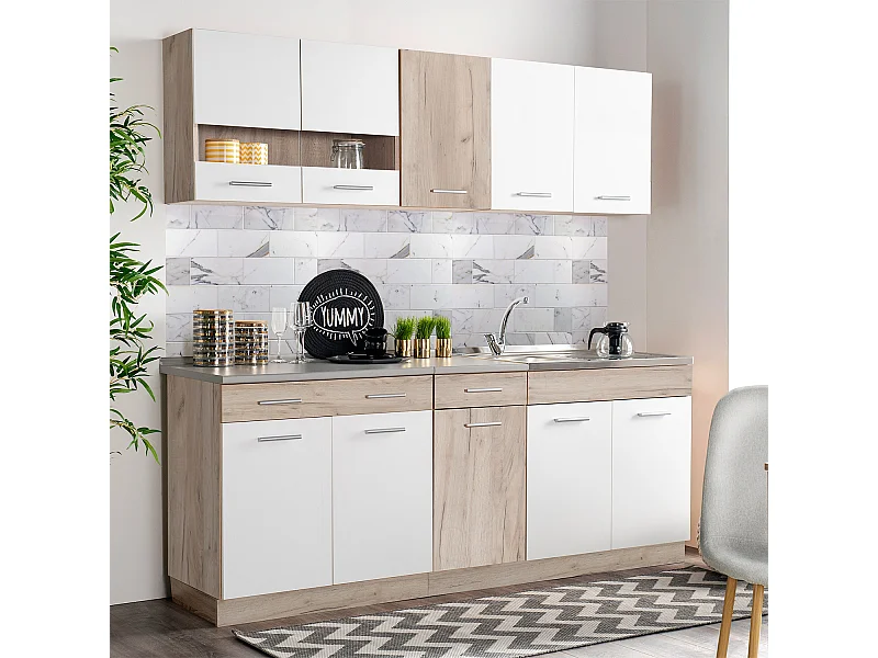 Unité de cuisine 200x84x60 cm aspect bois chêne blanc et gris