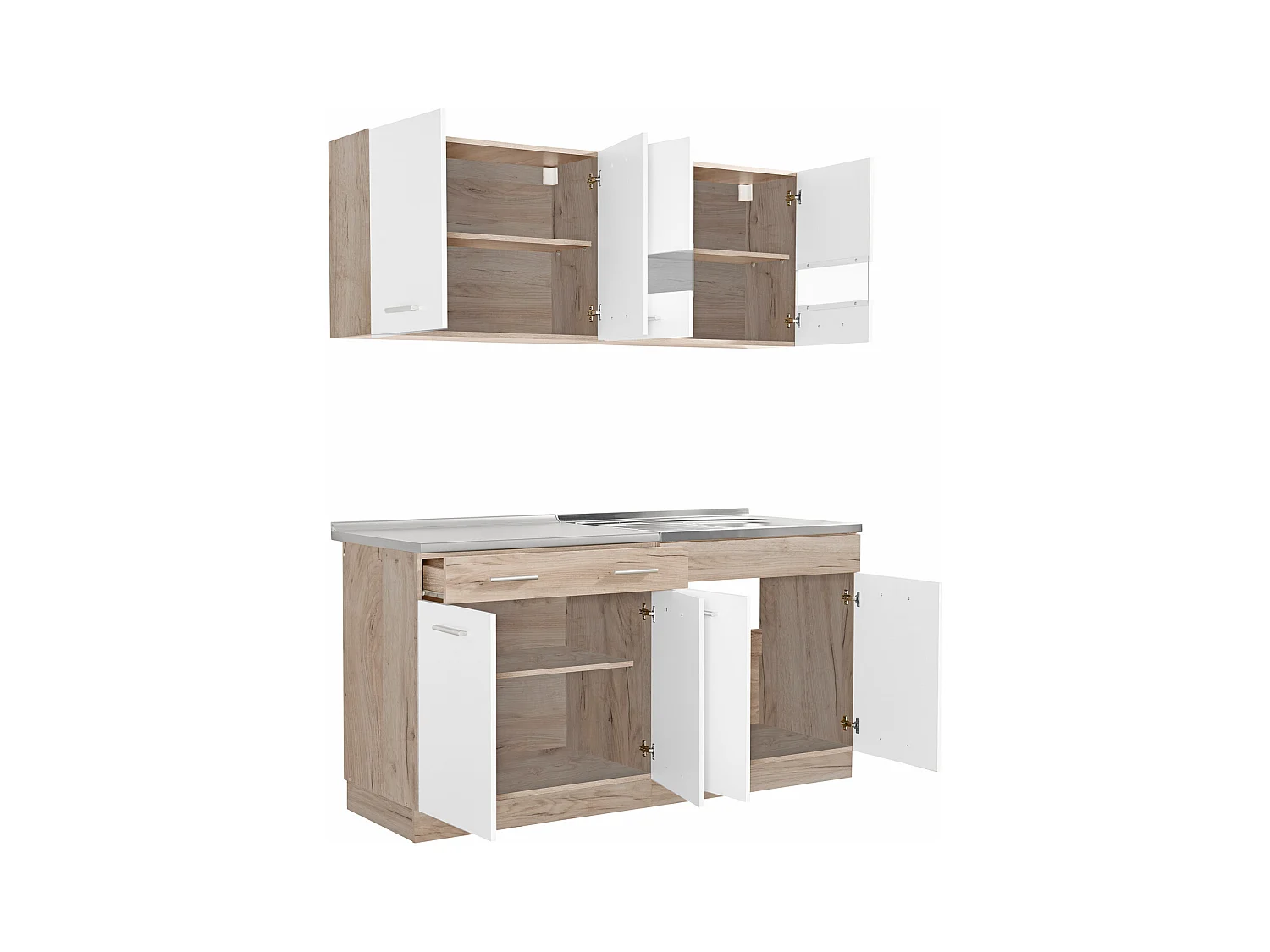 Unité de cuisine 160x84x60 cm aspect bois chêne blanc et gris