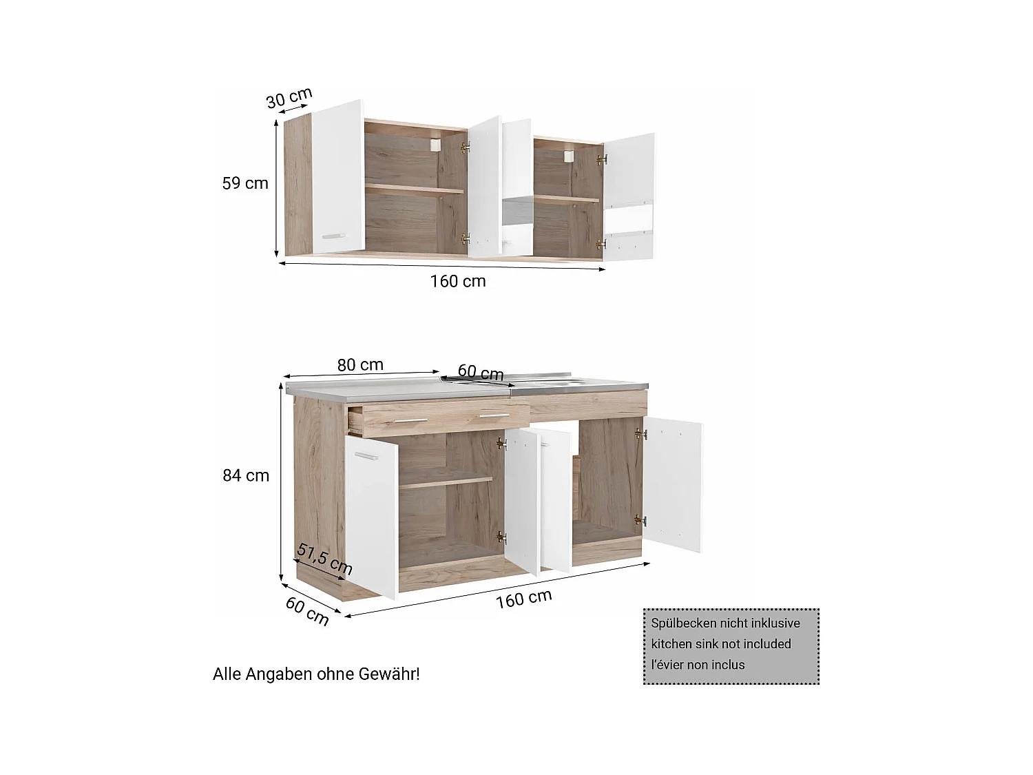 Unité de cuisine 160x84x60 cm aspect bois chêne blanc et gris