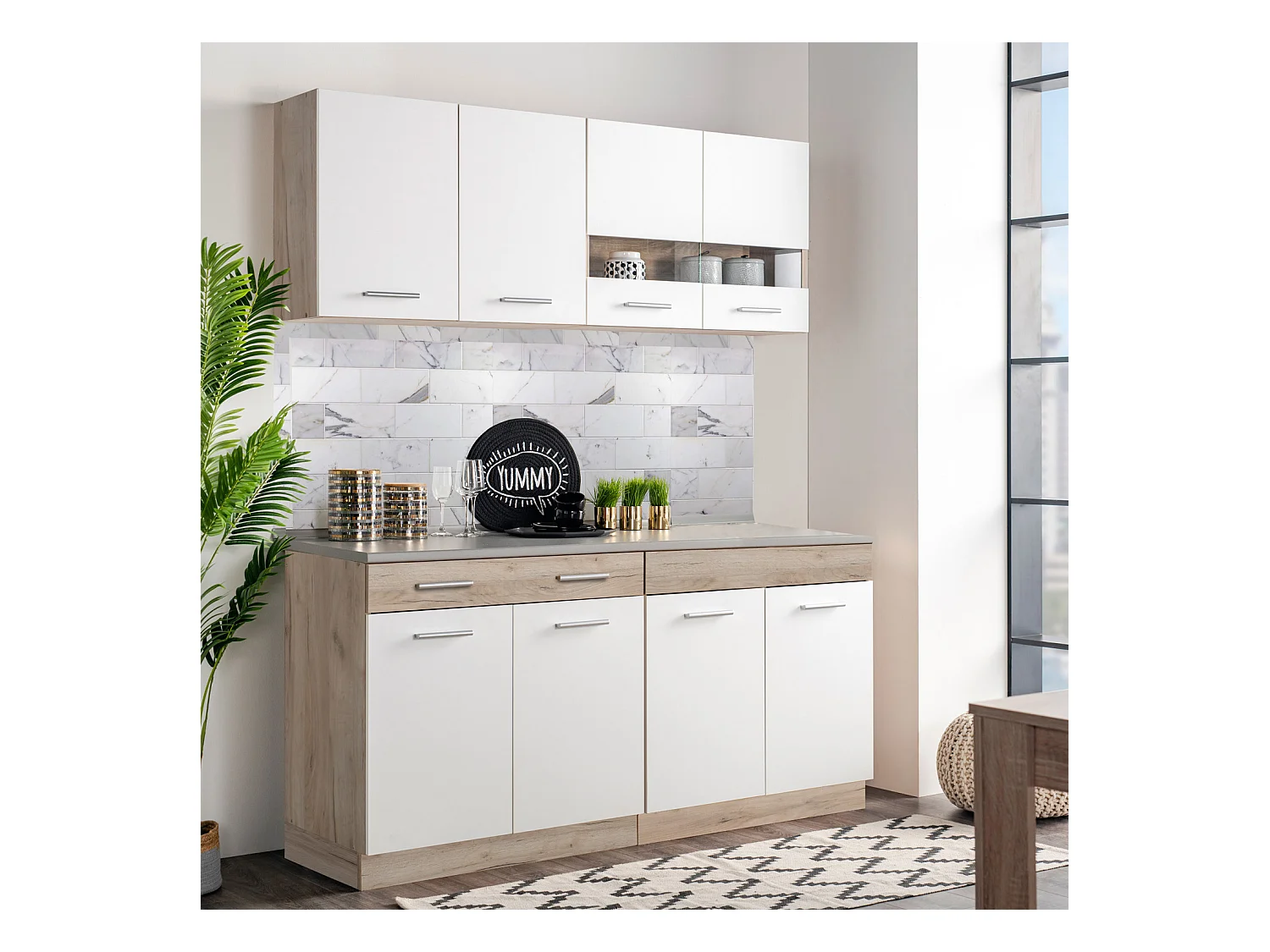 Unité de cuisine 160x84x60 cm aspect bois chêne blanc et gris