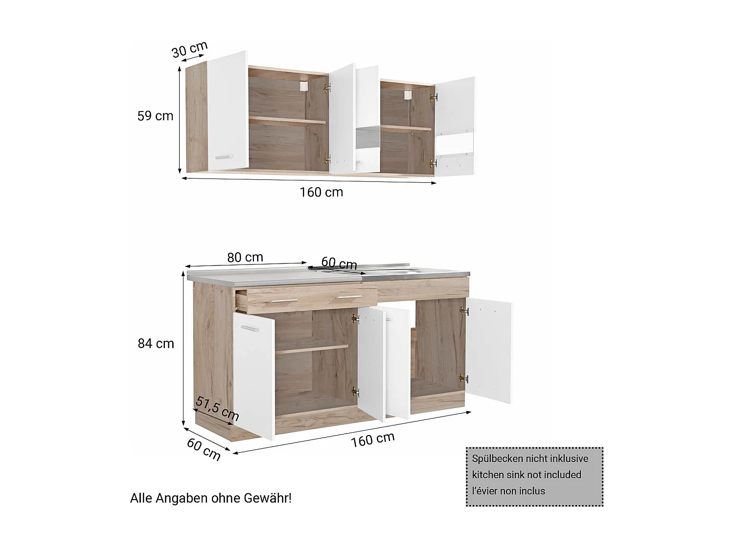 Küchenschrank 160x84x60 cm, weiß und graue Eichenholzoptik