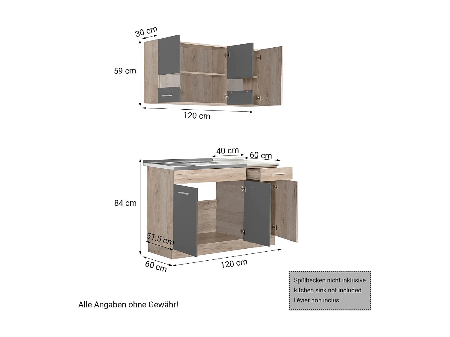 Meuble de cuisine 120x84x60 cm gris