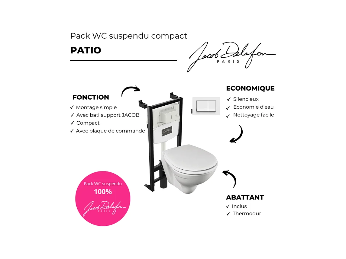Pack WC suspendu compact JACOB DELAFON Patio + bâti support + plaque