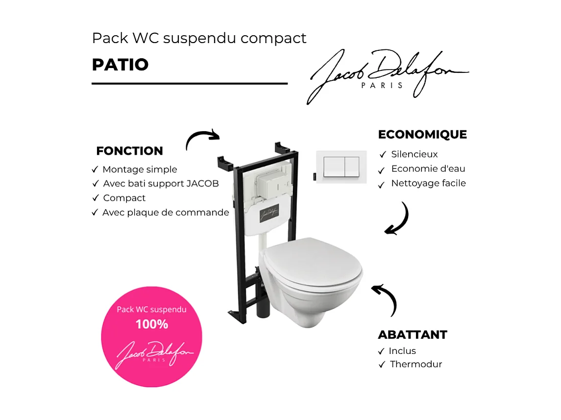 Pack WC suspendu compact JACOB DELAFON Patio + bâti support + plaque