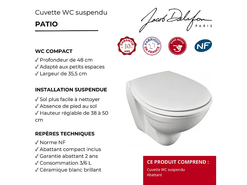 Cuvette WC suspendu compact PMR JACOB DELAFON Patio avec abattant