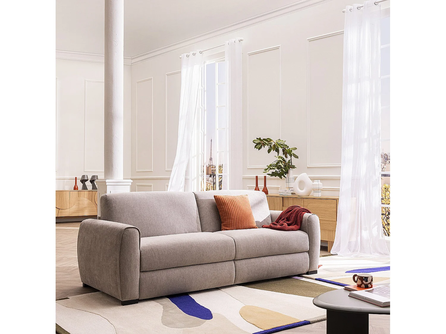 Canapé convertible 3 places - Couchage 160 cm - Matelas 16 cm - Tissu chenille déperlant Lugano - Gris clair