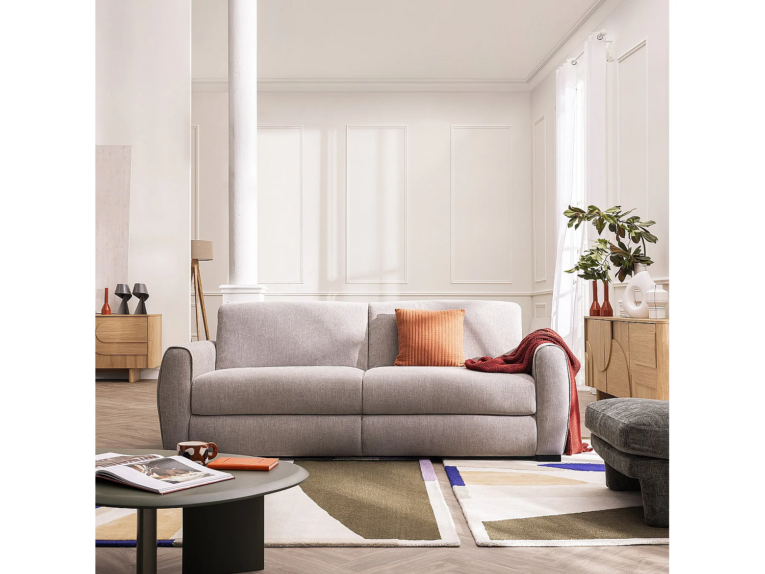 Canapé convertible 3 places - Couchage 160 cm - Matelas 16 cm - Tissu chenille déperlant Lugano - Gris clair