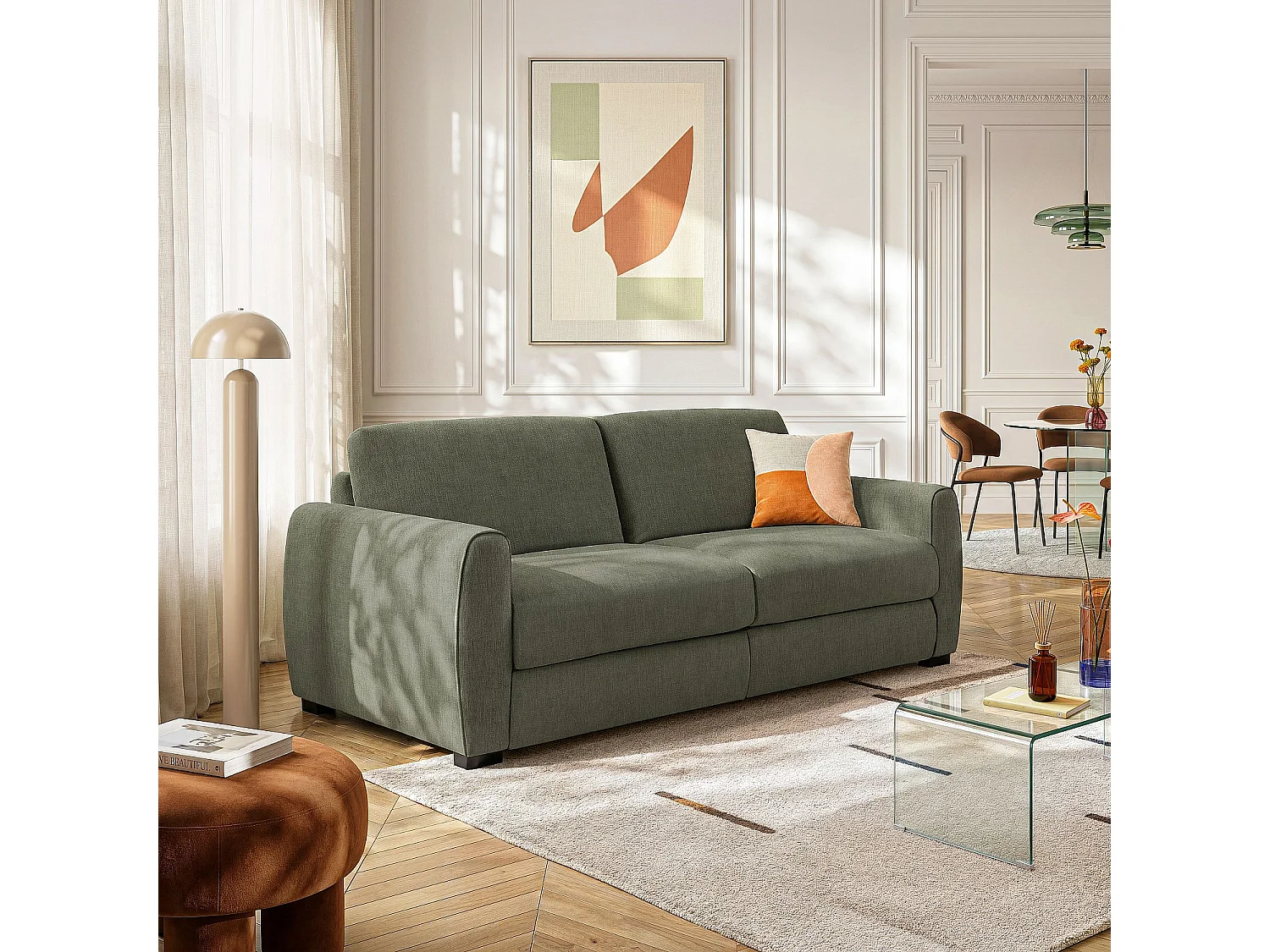 Habitat - Canapé convertible 3 places - Couchage 160 cm - Matelas 16 cm - Tissu chenille déperlant Lugano - Vert olive - Canberra