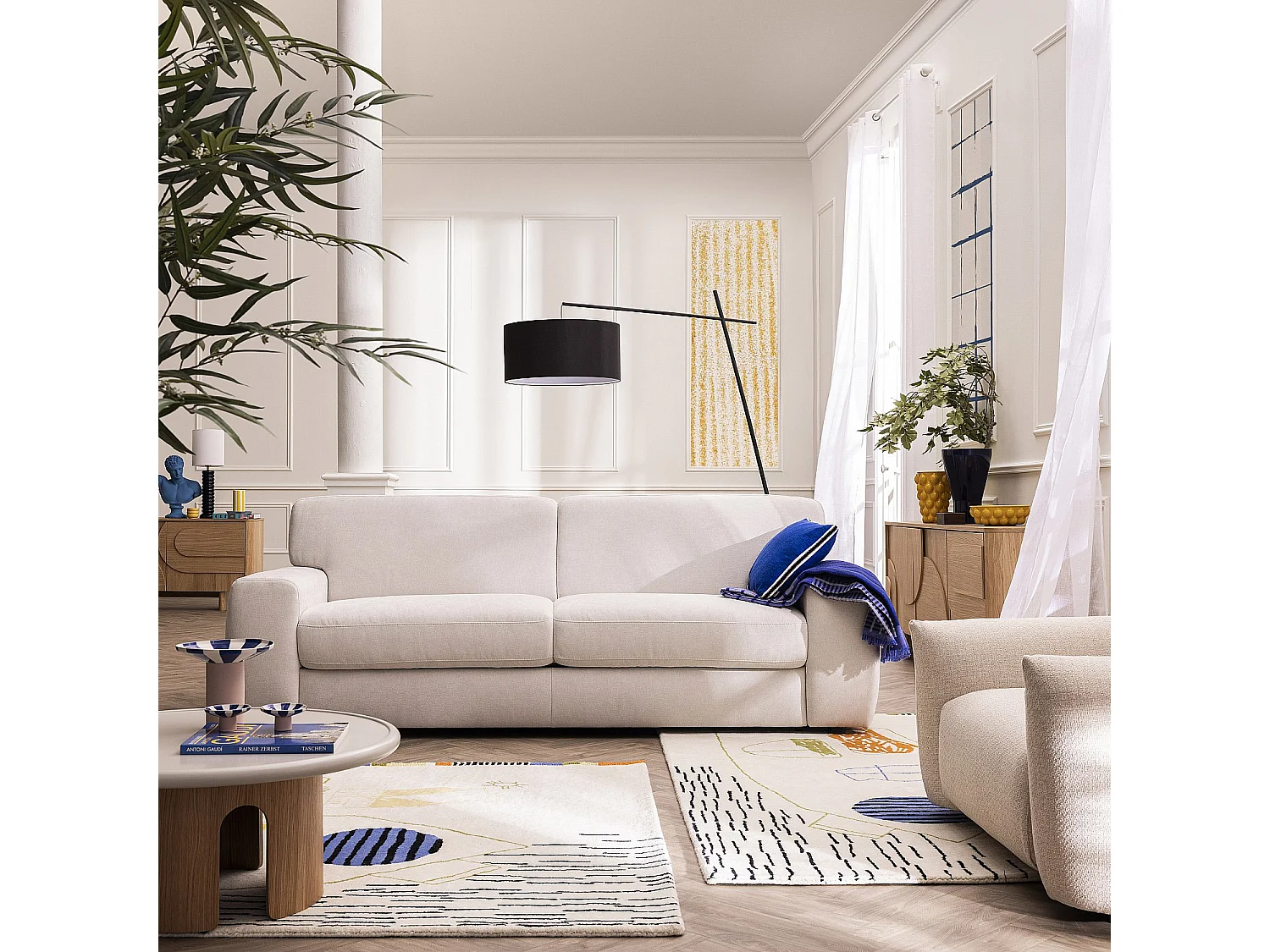 Canapé convertible 2 places - Couchage 140 cm - Matelas 16 cm - Tissu Atrani Crème