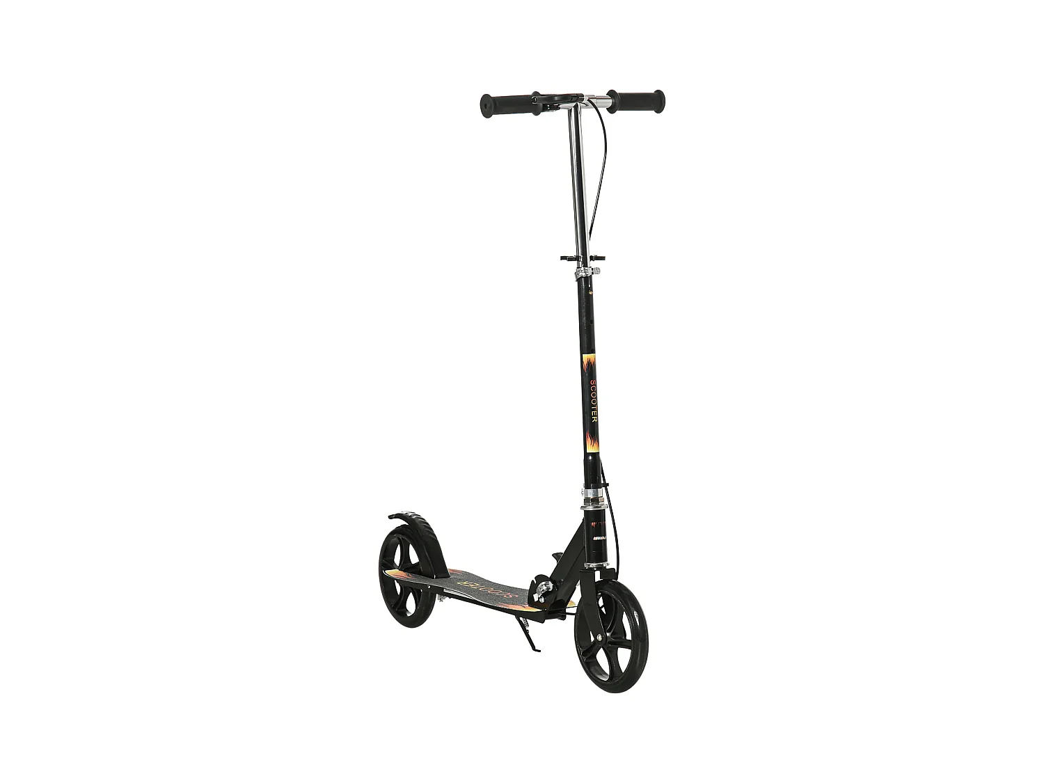 Trottinette pliable enfant béquille double frein hauteur guidon réglable roulement PU abec-7 métal noir motif flammes