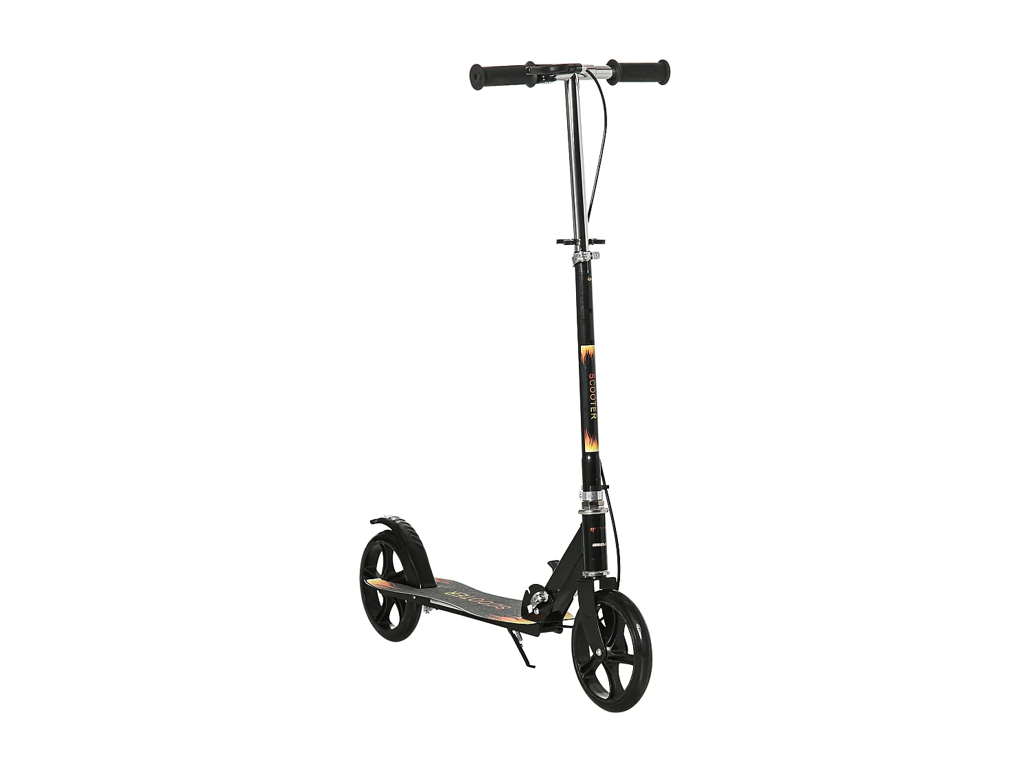 Trottinette pliable enfant béquille double frein hauteur guidon réglable roulement PU abec-7 métal noir motif flammes