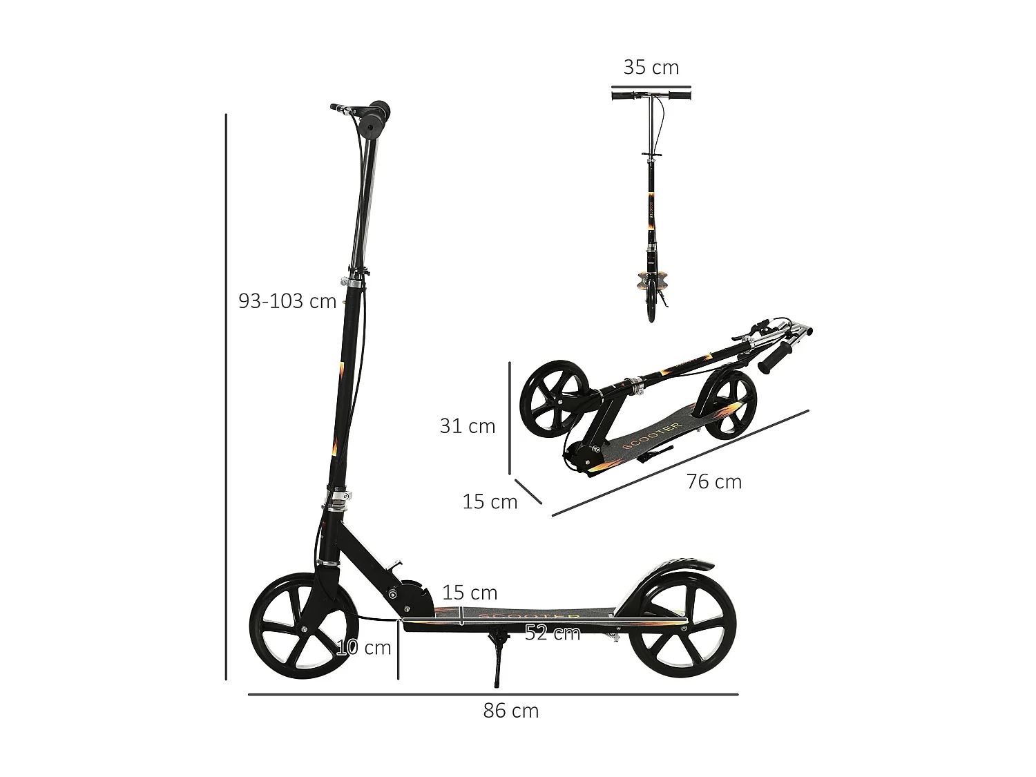 Trottinette pliable enfant béquille double frein hauteur guidon réglable roulement PU abec-7 métal noir motif flammes