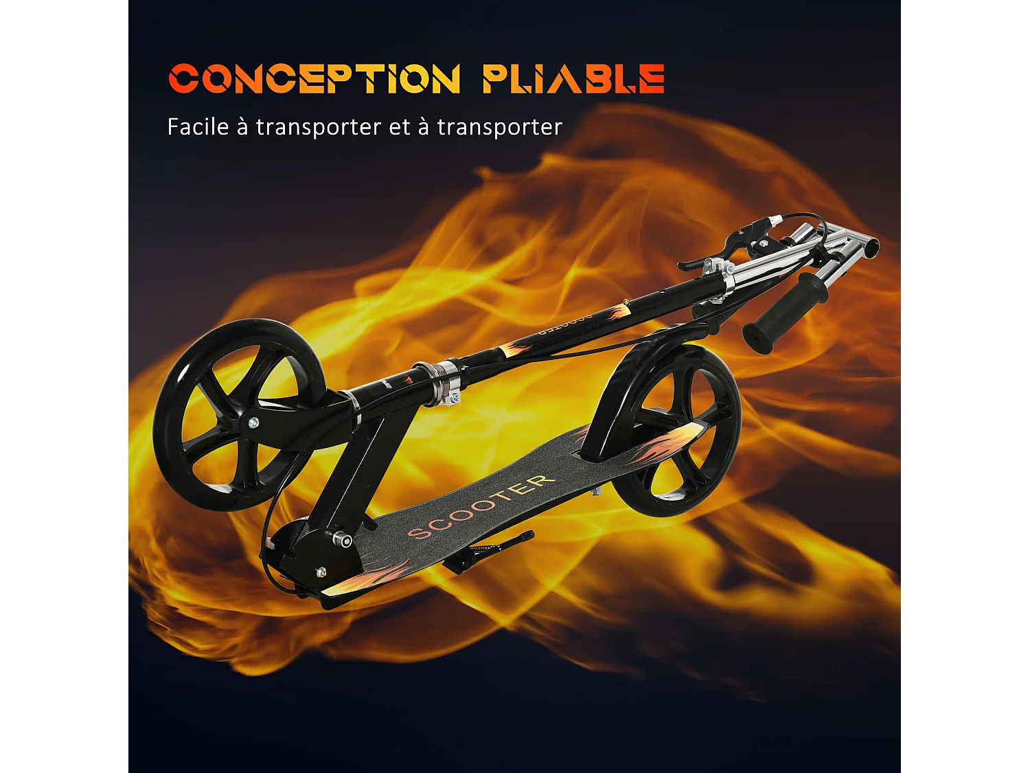 Trottinette pliable enfant béquille double frein hauteur guidon réglable roulement PU abec-7 métal noir motif flammes
