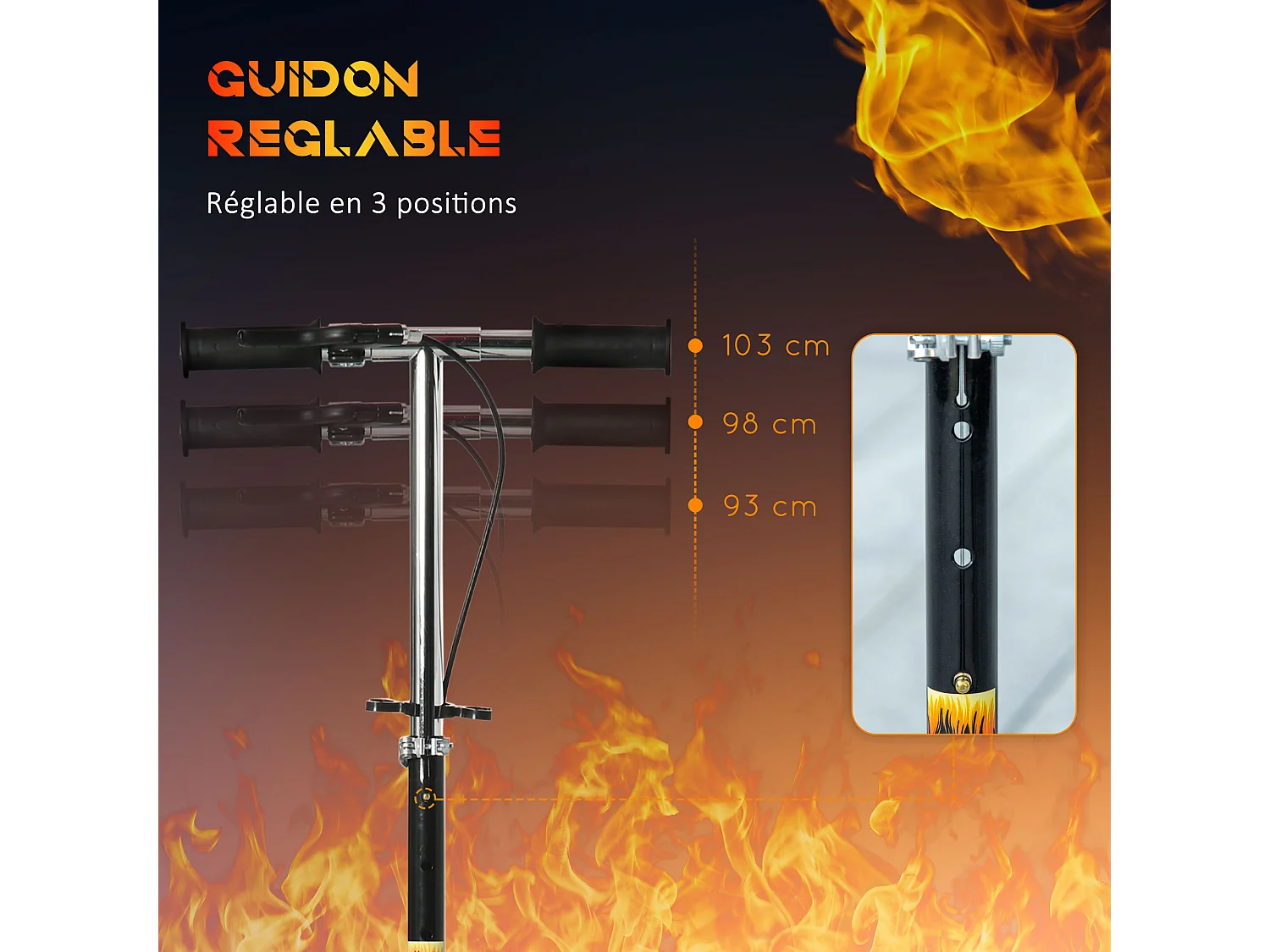 Trottinette pliable enfant béquille double frein hauteur guidon réglable roulement PU abec-7 métal noir motif flammes
