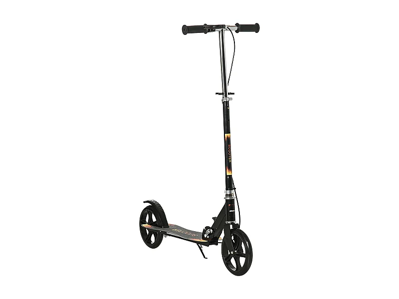 Trottinette pliable enfant béquille double frein hauteur guidon réglable roulement PU abec-7 métal noir motif flammes