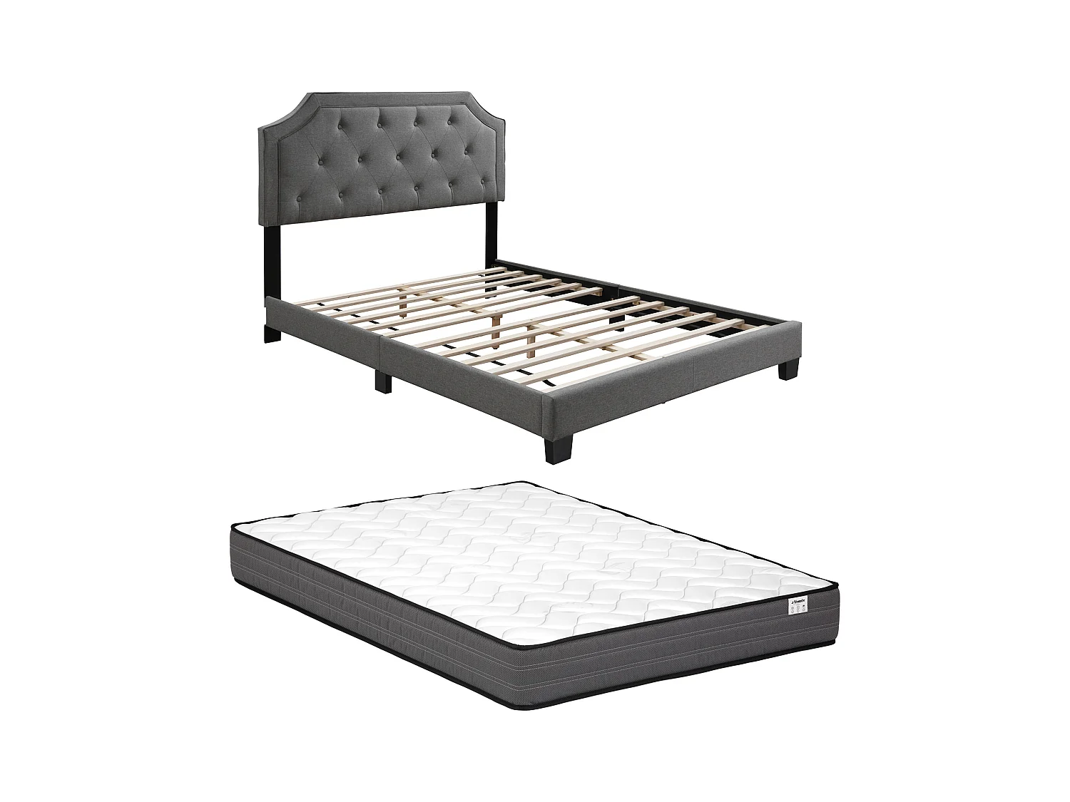 Bett 140 x 190 cm mit gepolstertem Kopfteil + Matratze - Hellgrau - ANDEYO