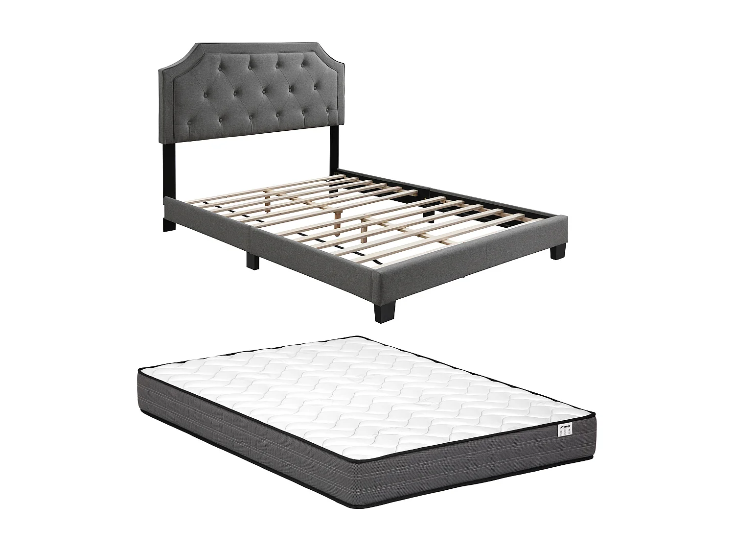 Cama 140 x 190 cm con cabecero acolchado - Gris claro + Colchón - ANDEYO