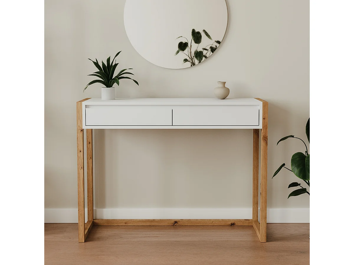 Console 2 tiroirs décor blanc et chêne artisan L100 cm - NOVA