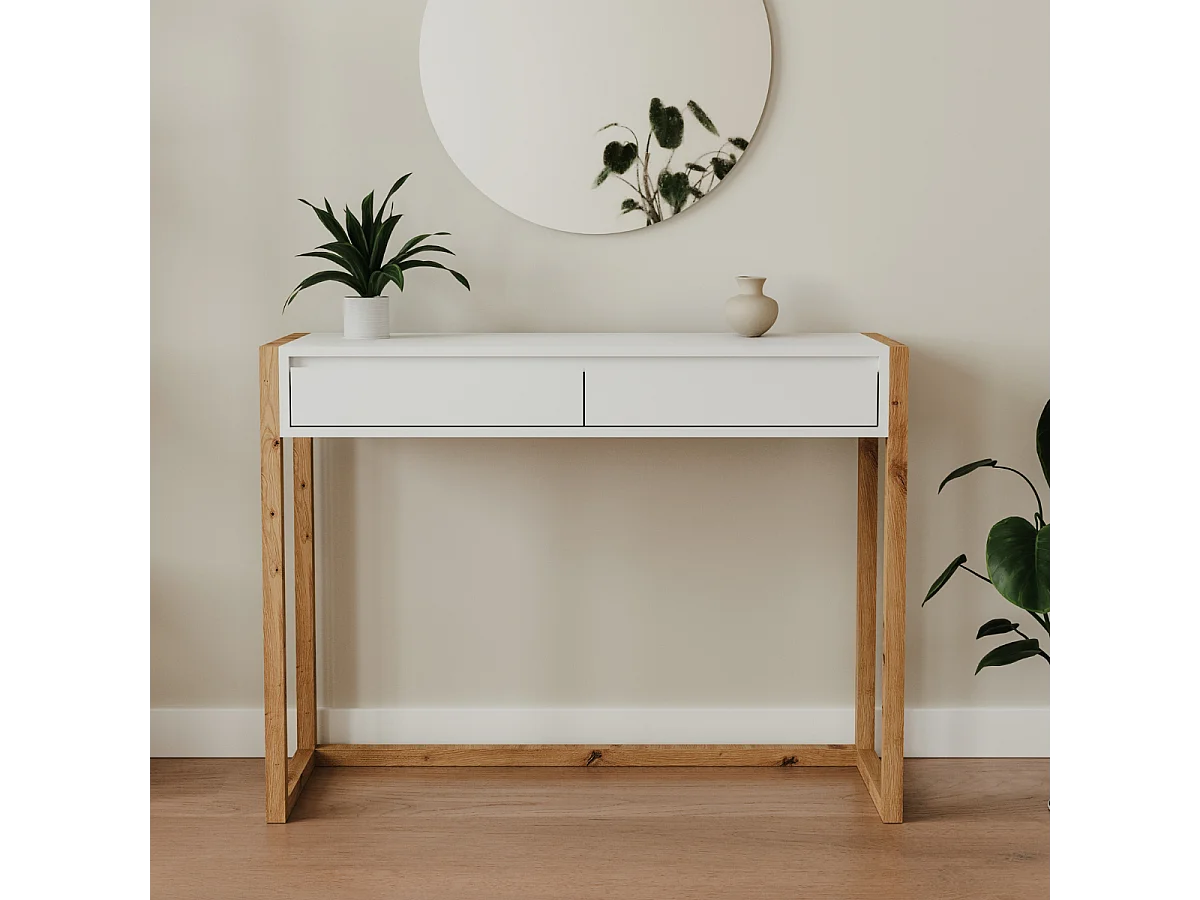 Console 2 tiroirs décor blanc et chêne artisan L100 cm - NOVA