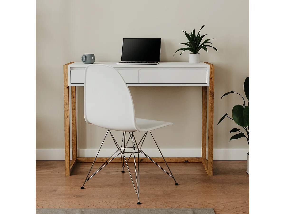 Console 2 tiroirs décor blanc et chêne artisan L100 cm - NOVA