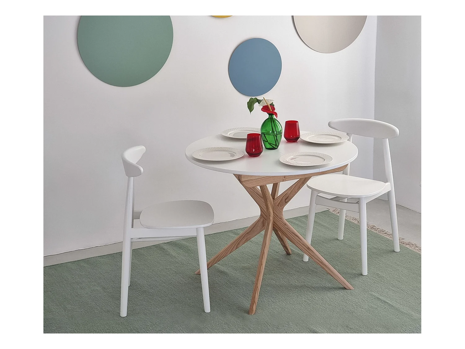 Table à manger ronde extensible 90cm Jubi Brun Beige | Pied en frêne