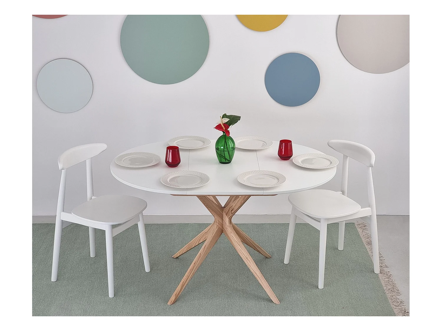 Table à manger ronde extensible 90cm Jubi Blanc | Pied en frêne