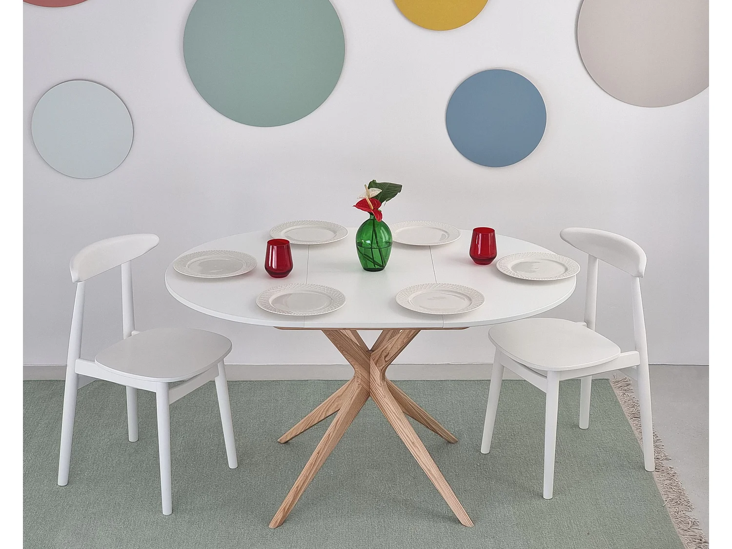Table à manger ronde extensible 90cm Jubi Blanc | Pied en frêne