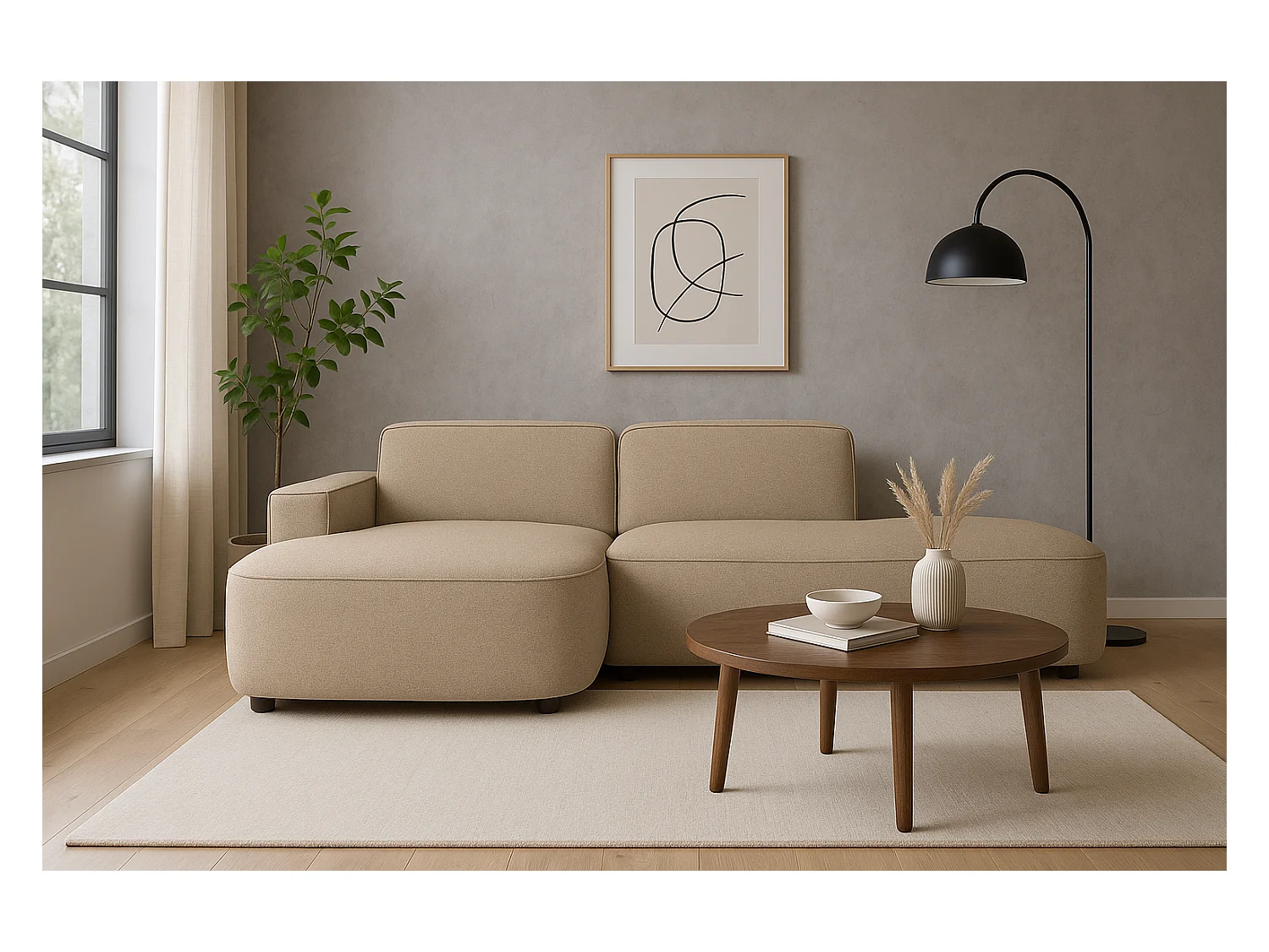 Canapé d’angle modulable  CURSAL G – angle gauche, 284×166×70 cm, beige Raven 30 méridiennes arrondies, autoportant