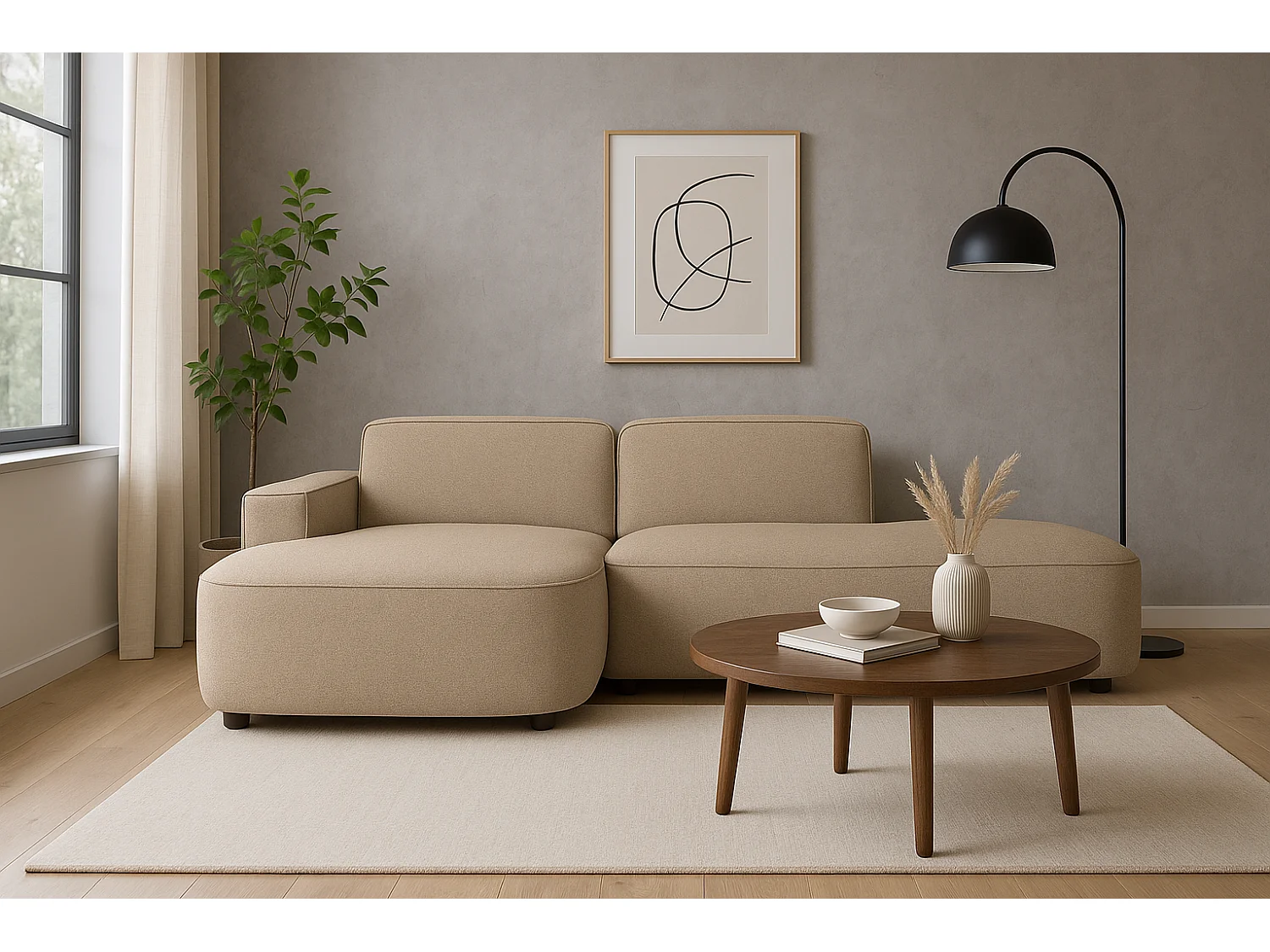 Canapé d’angle modulable  CURSAL G – angle gauche, 284×166×70 cm, beige Raven 30 méridiennes arrondies, autoportant