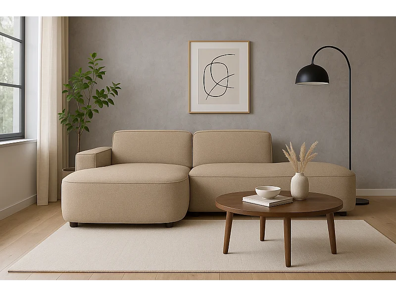 Canapé d’angle modulable  CURSAL G – angle gauche, 284×166×70 cm, beige Raven 30 méridiennes arrondies, autoportant