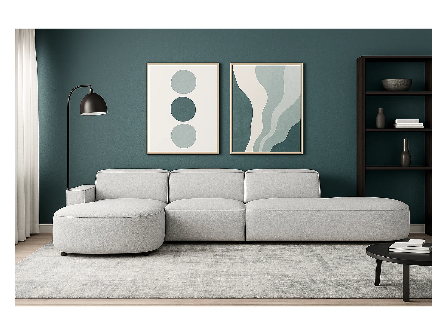 Canapé d’angle modulable CURSAL F – angle gauche, 364×166×70 cm, gris clair Raven 6, méridiennes arrondies, autoportant