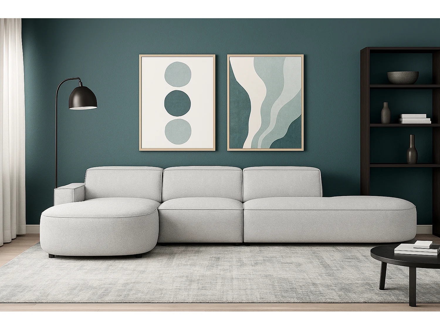 Canapé d’angle modulable CURSAL F – angle gauche, 364×166×70 cm, gris clair Raven 6, méridiennes arrondies, autoportant