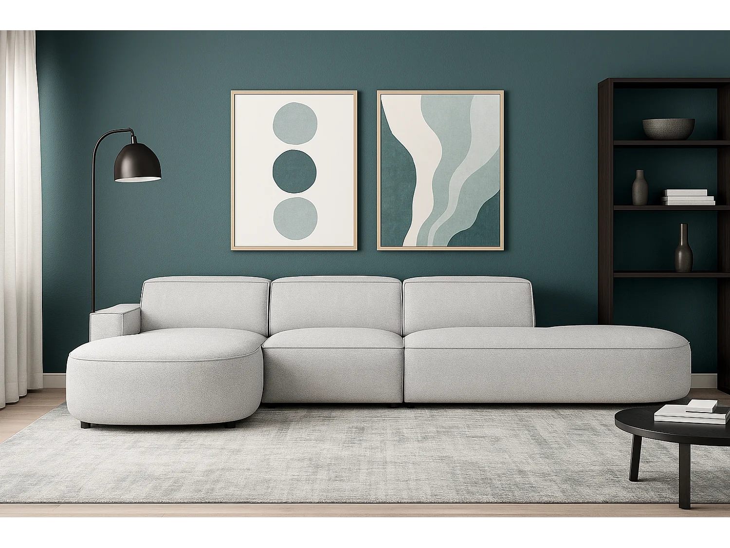 Canapé d’angle modulable CURSAL F – angle gauche, 364×166×70 cm, gris clair Raven 6, méridiennes arrondies, autoportant