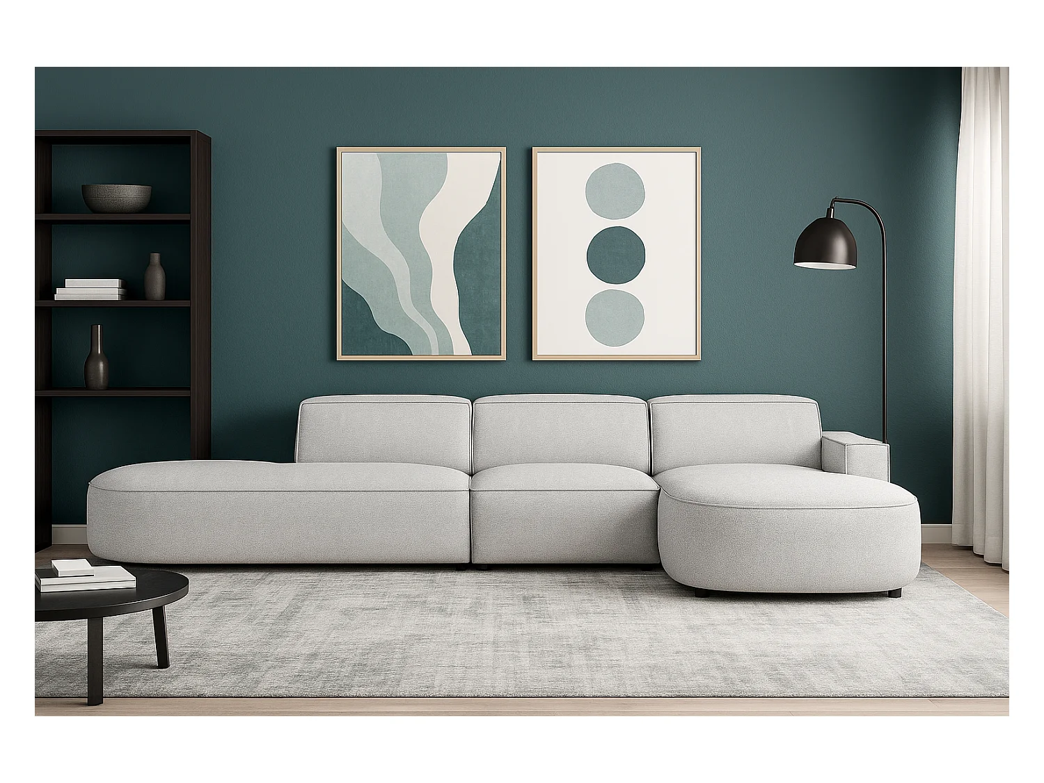 Canapé d’angle modulable CURSAL F – angle droit, 364×166×70 cm, gris clair Raven 6, méridiennes arrondies, autoportant