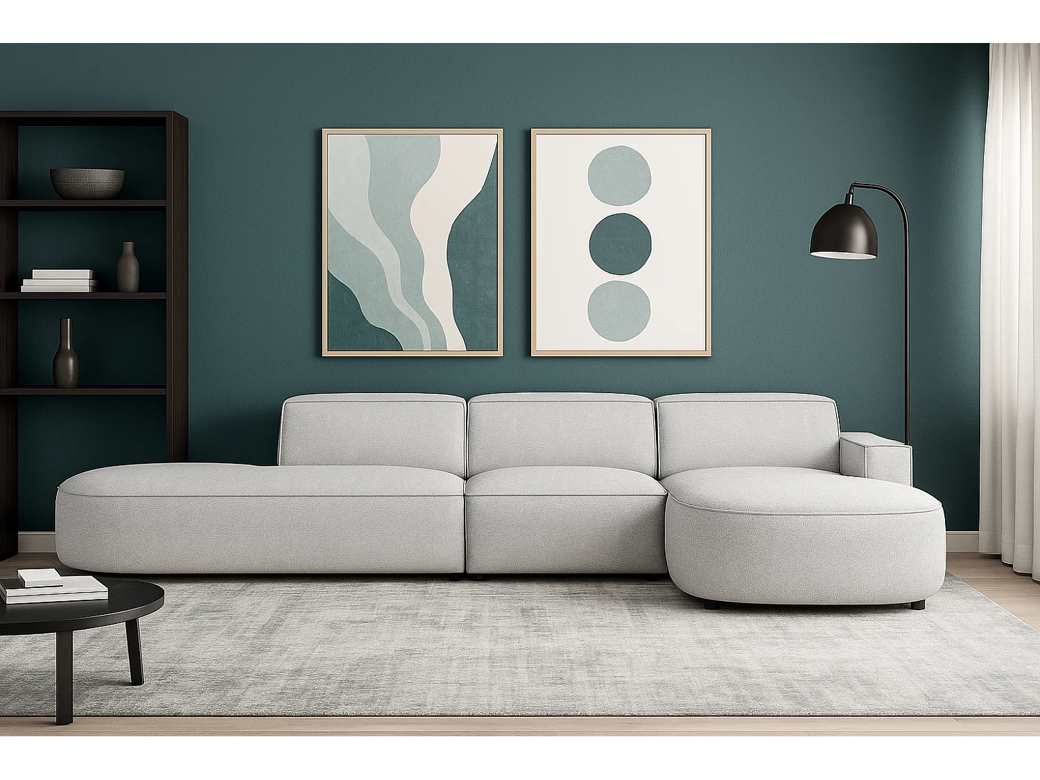 Canapé d’angle modulable CURSAL F – angle droit, 364×166×70 cm, gris clair Raven 6, méridiennes arrondies, autoportant